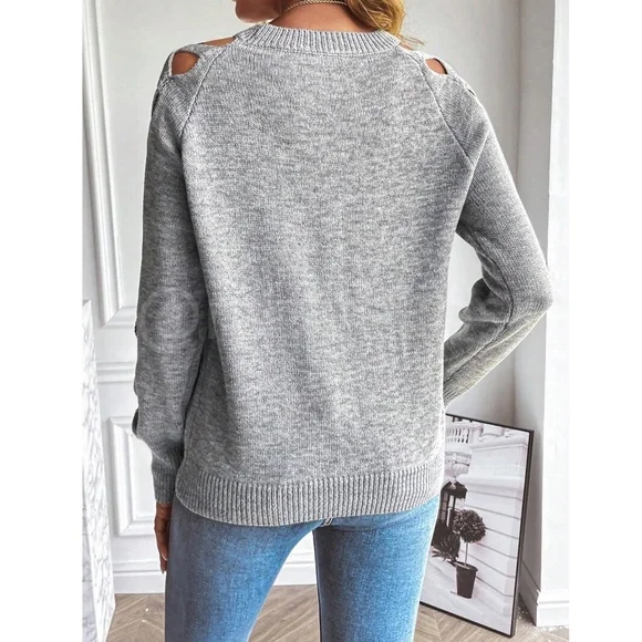 Gray Knit Criss Cross Straps Cut Out Sleeve Sweater Pullover - Picture 3 of 11